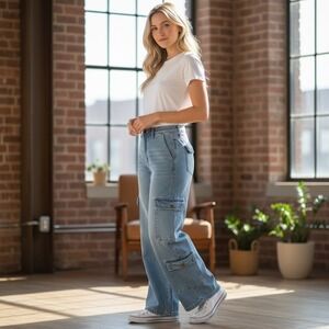 And Now This Womens Wide Leg Cargo Jeans Light Wash High Rise Denim Size 28